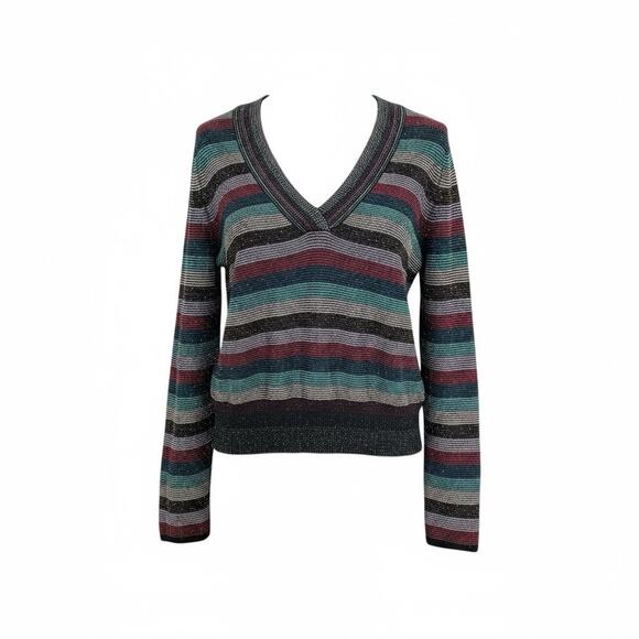 Anthropologie Moth Multicolor Striped Metallic Shimmer V-Neck Sweater XS - Picture 11 of 12